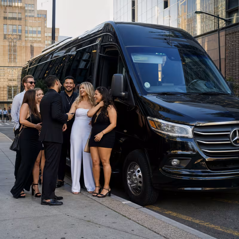 Group boarding a white charter bus for Bachelor & Bachelorette Transportation transportation in Newark