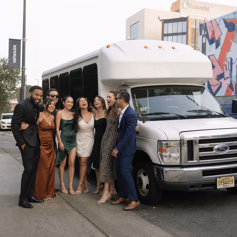 Black Mercedes Sprinter van staged for an Newark Bachelor & Bachelorette Transportation group