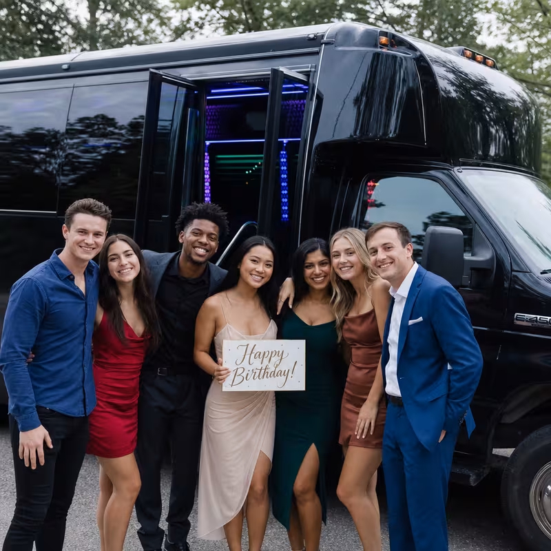 Group boarding a white charter bus for Birthday Transportation transportation in Newark