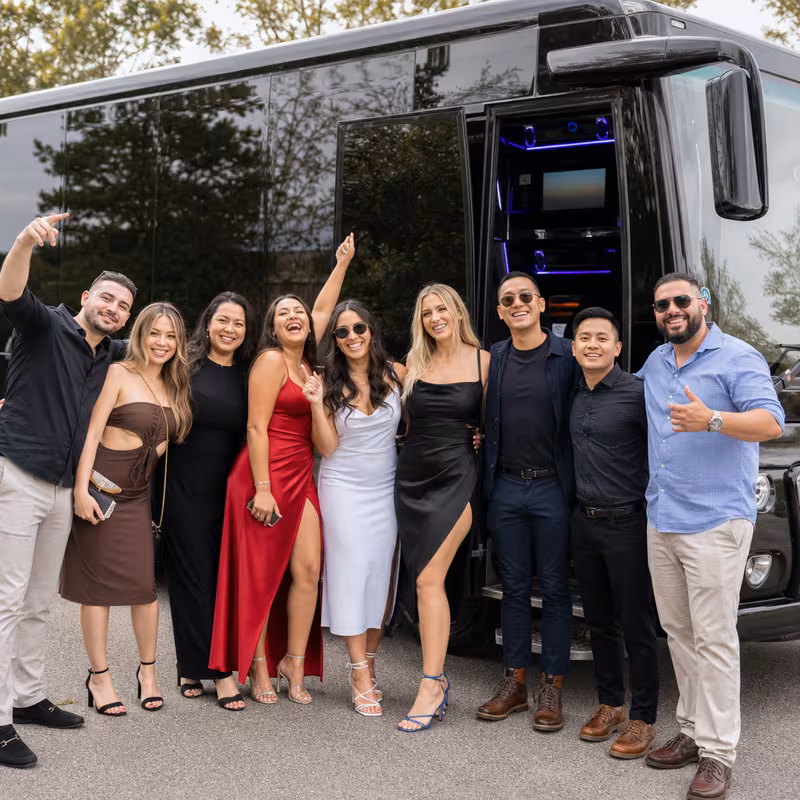 Party bus interior with wraparound leather seating and LED lighting in Newark